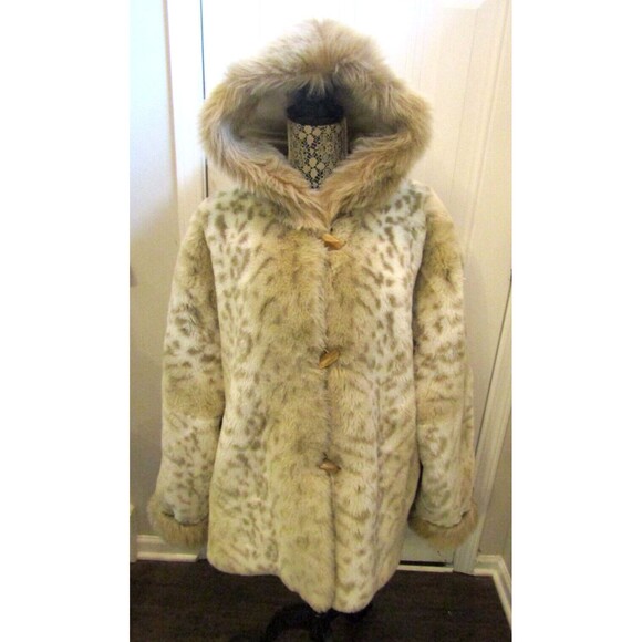 Vtg 80s Coldwater Creek Coat Snow Leopard Faux Fur Oversized Jacket Toggles PL - Picture 2 of 8